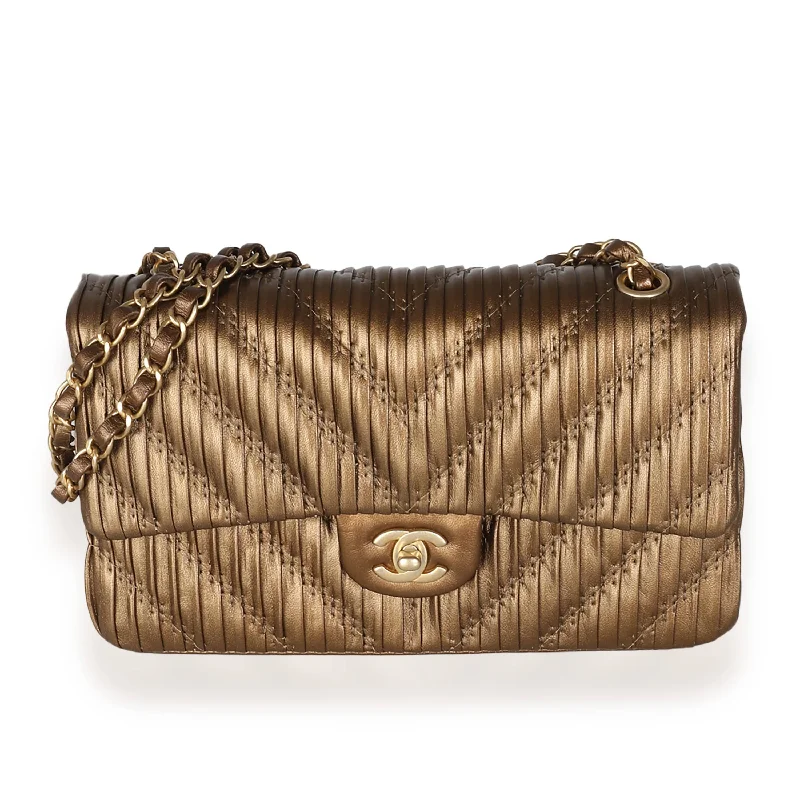 Chanel 18C Bronze Chevron Pleated Calfskin Medium Classic Double Flap Bag