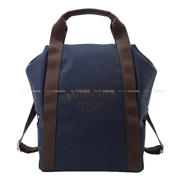 HERMES Backpack/daypack/Ruck sack Sac de pansage Grooming Blue Navy/Feu Orange Toile Chevrons /Bridle Leather Silver HW[EXCELLENT][Authentic]