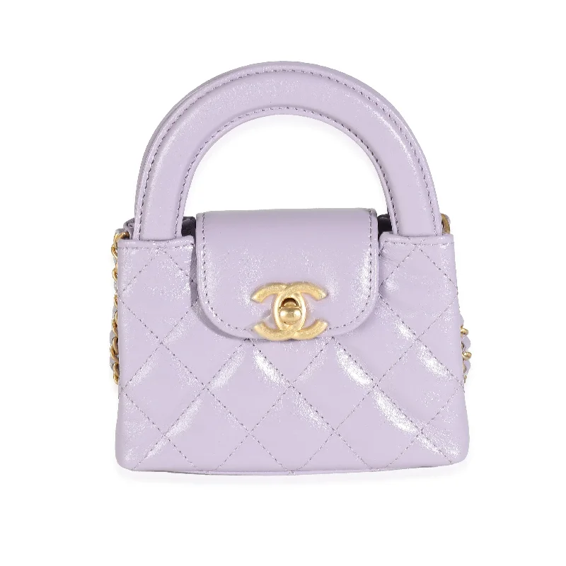 24P Light Purple Quilted Shiny Aged Calfskin Mini Nano Kelly Shopper