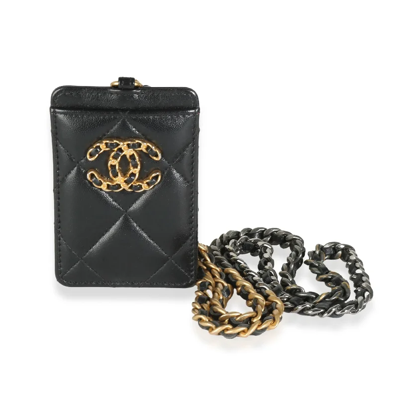 Black Quilted Goatskin Chanel 19 Card Holder On Chain