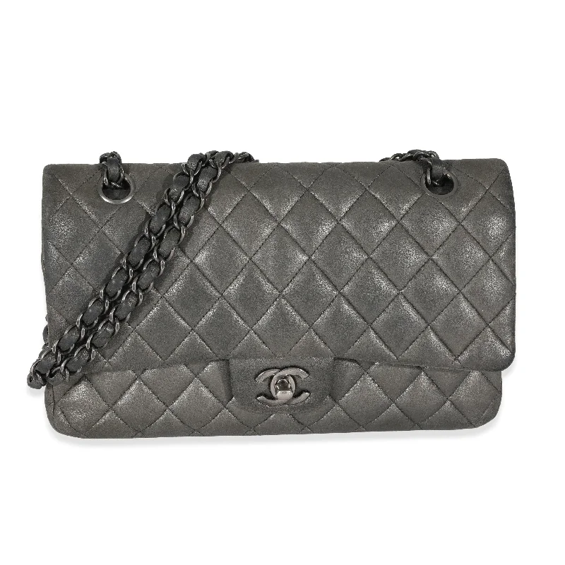 Chanel Grey Metallic Nubuck Medium Classic Double Flap