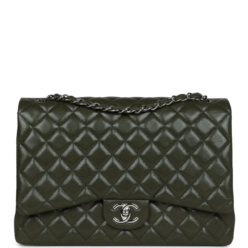 Chanel Maxi Classic Double Flap Bag Olive Green Caviar Silver Hardware