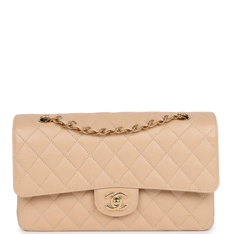 Chanel Medium Classic Double Flap Bag Beige Caviar Gold Hardware