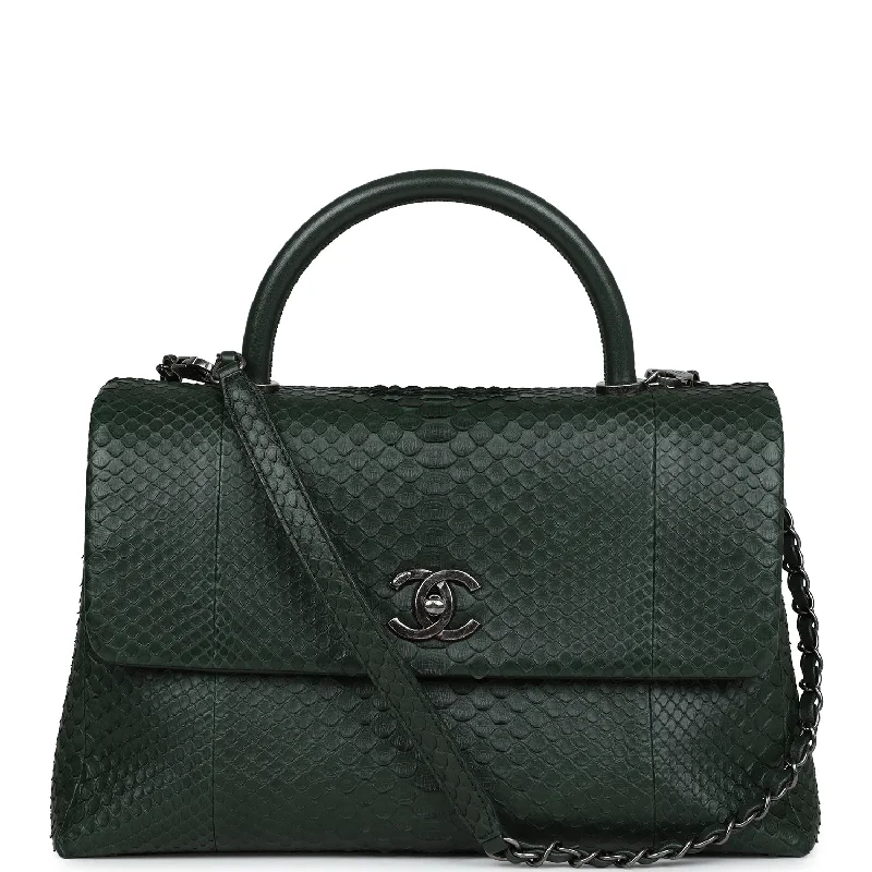 Pre-owned Chanel Medium Coco Handle Flap Bag Dark Green Python Ruthenium Hardware