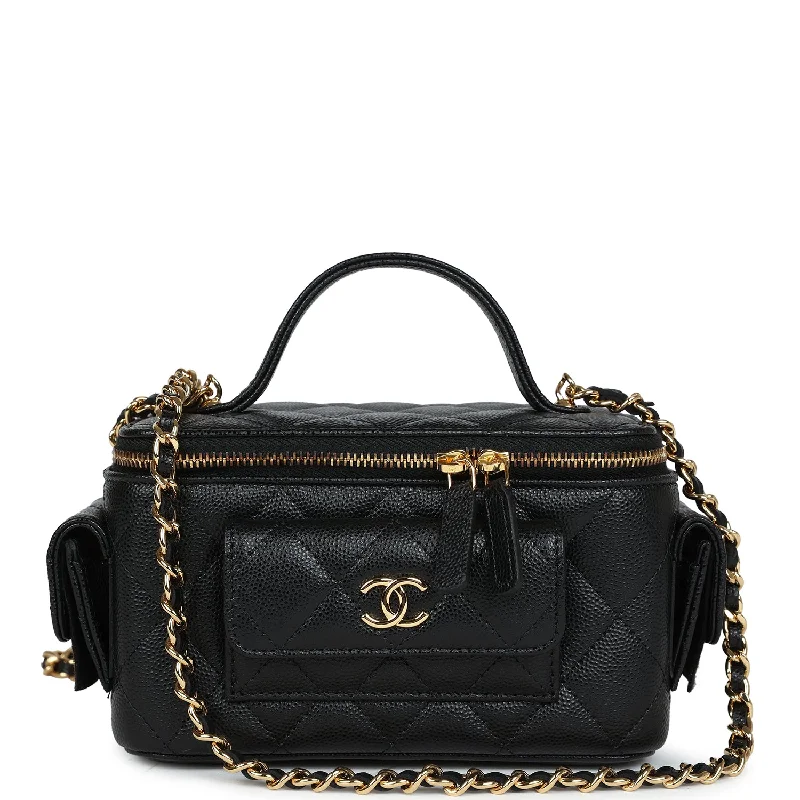 Chanel Mini Pocket Vanity Top Handle Case Black Caviar Gold Hardware