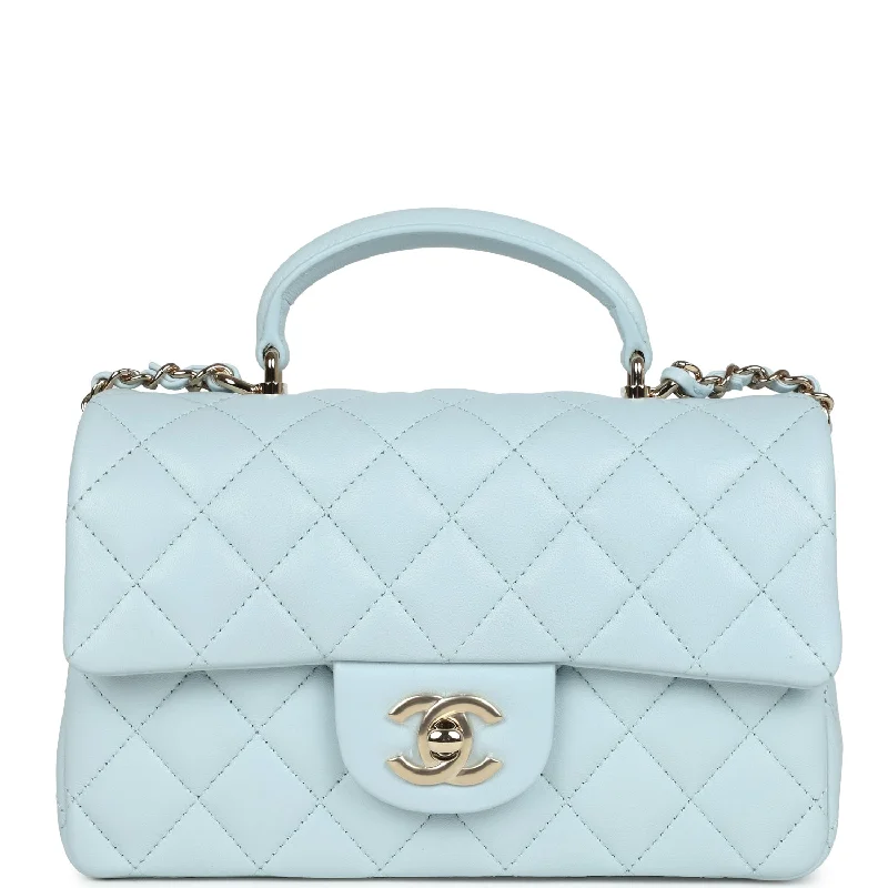 Chanel Mini Rectangular Flap with Top Handle Light Blue Lambskin Light Gold Hardware