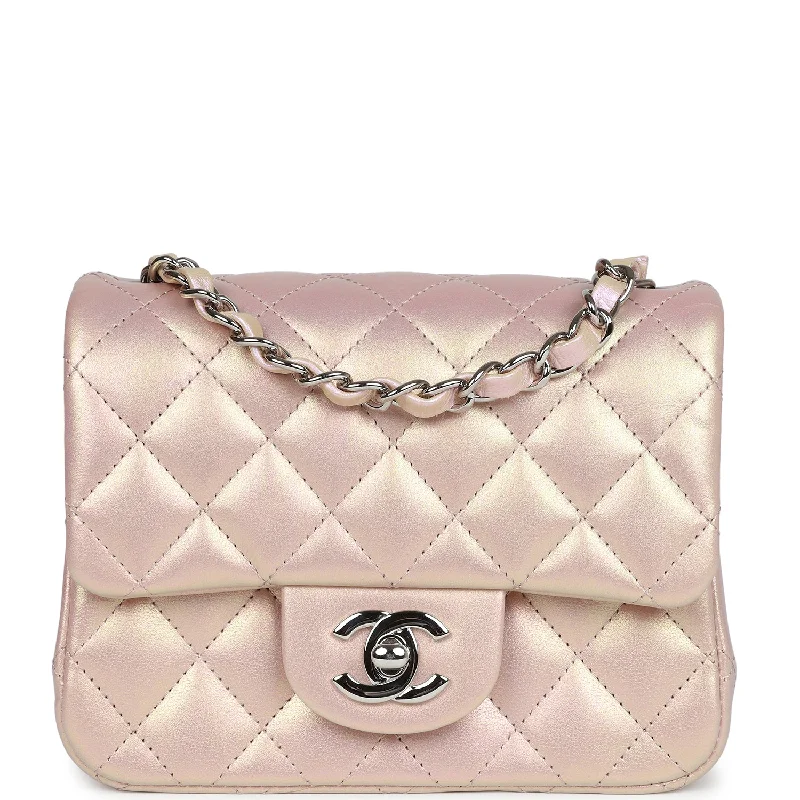 Chanel Mini Square Flap Pink Iridescent Lambskin Silver Hardware