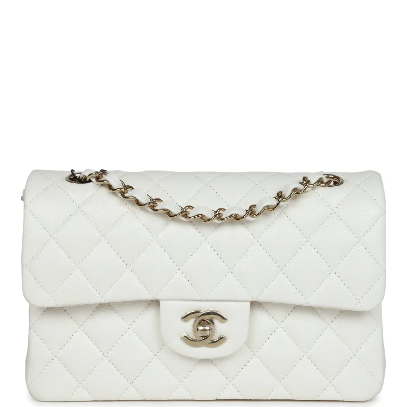 Chanel Small Classic Double Flap White Caviar Light Gold Hardware