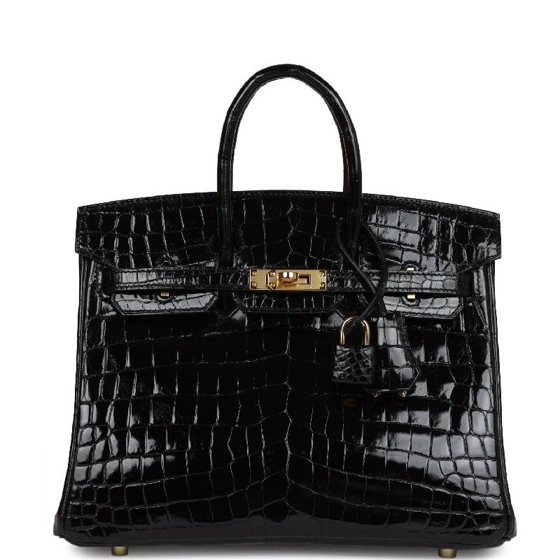 Hermes Birkin 25 Black Shiny Niloticus Crocodile Gold Hardware