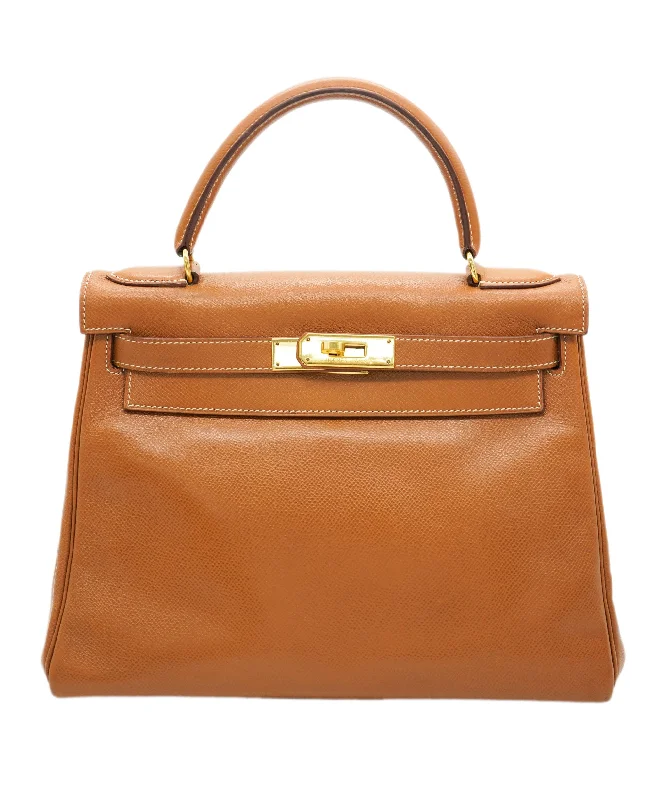 HERMES KELLY 28 RETOURNE GOLD COUCHEVEL HAND SHOULDER BAG 〇U 90243549 DBXS0652