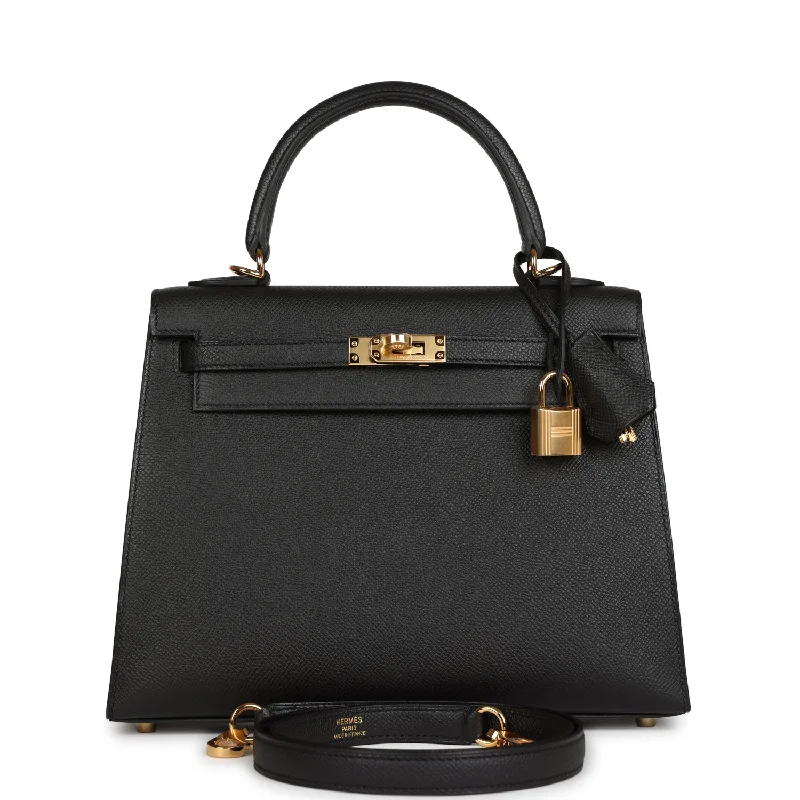 Hermes Kelly Sellier 25 Black Epsom Gold Hardware