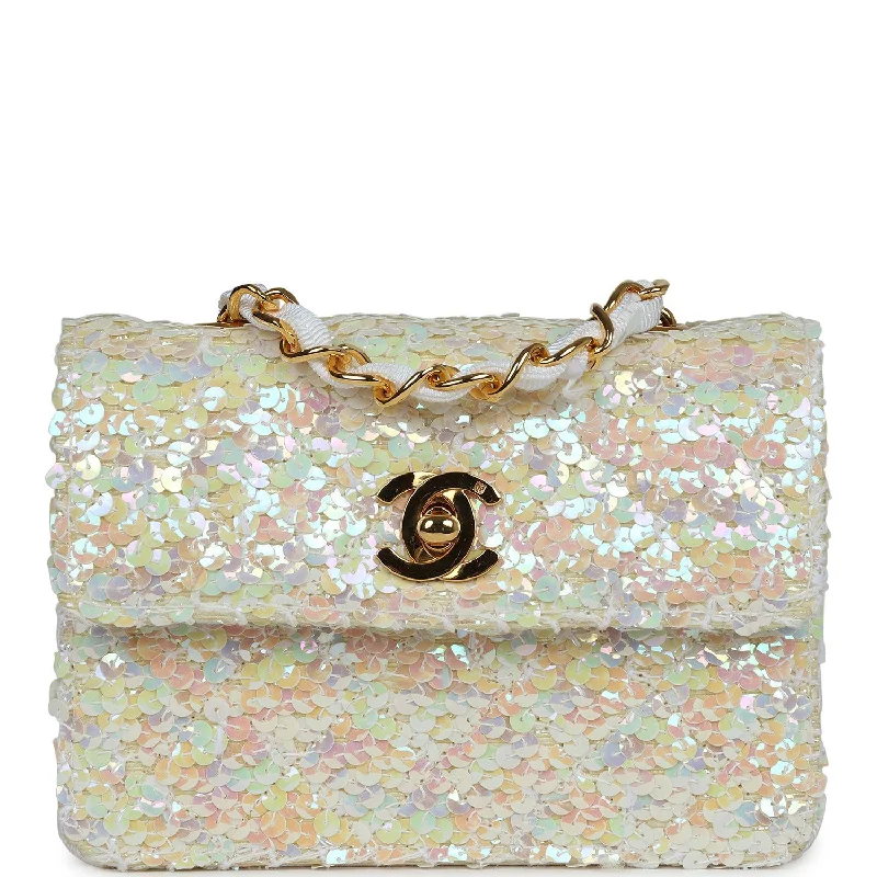 Vintage Chanel Micro Half Flap Iridescent Ivory Sequin Gold Hardware