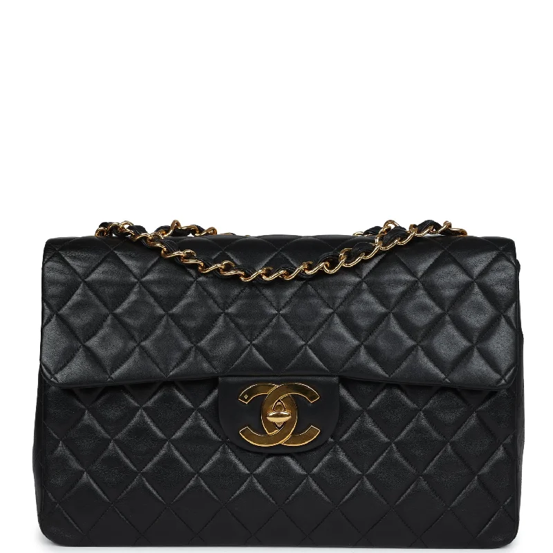 Vintage Chanel XL Jumbo Flap Bag Black Lambskin Gold Hardware