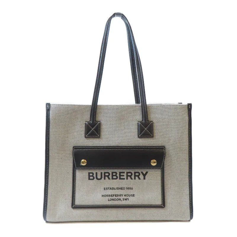 BURBERRY 帆布/皮革Freya Tote Bag金扣手挽袋黑色/白色