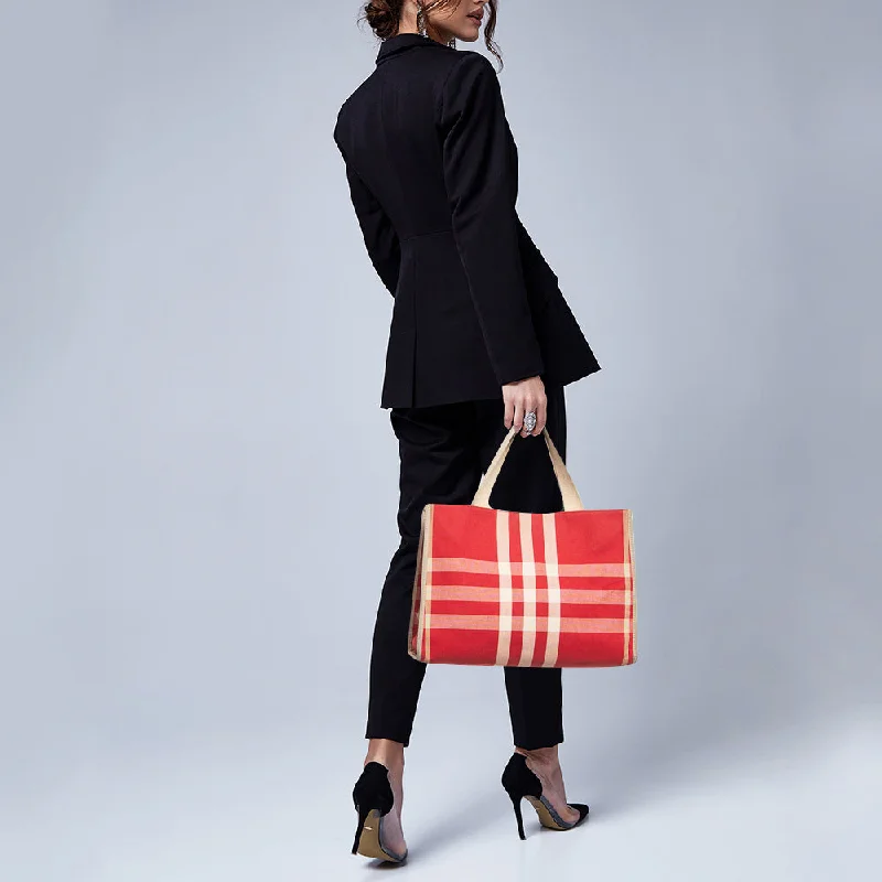 BURBERRY Red/Beige Check Canvas Tote